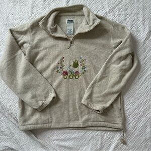 Vintage embroidered garden quarter zip fleece sweatshirt floral cottage spring